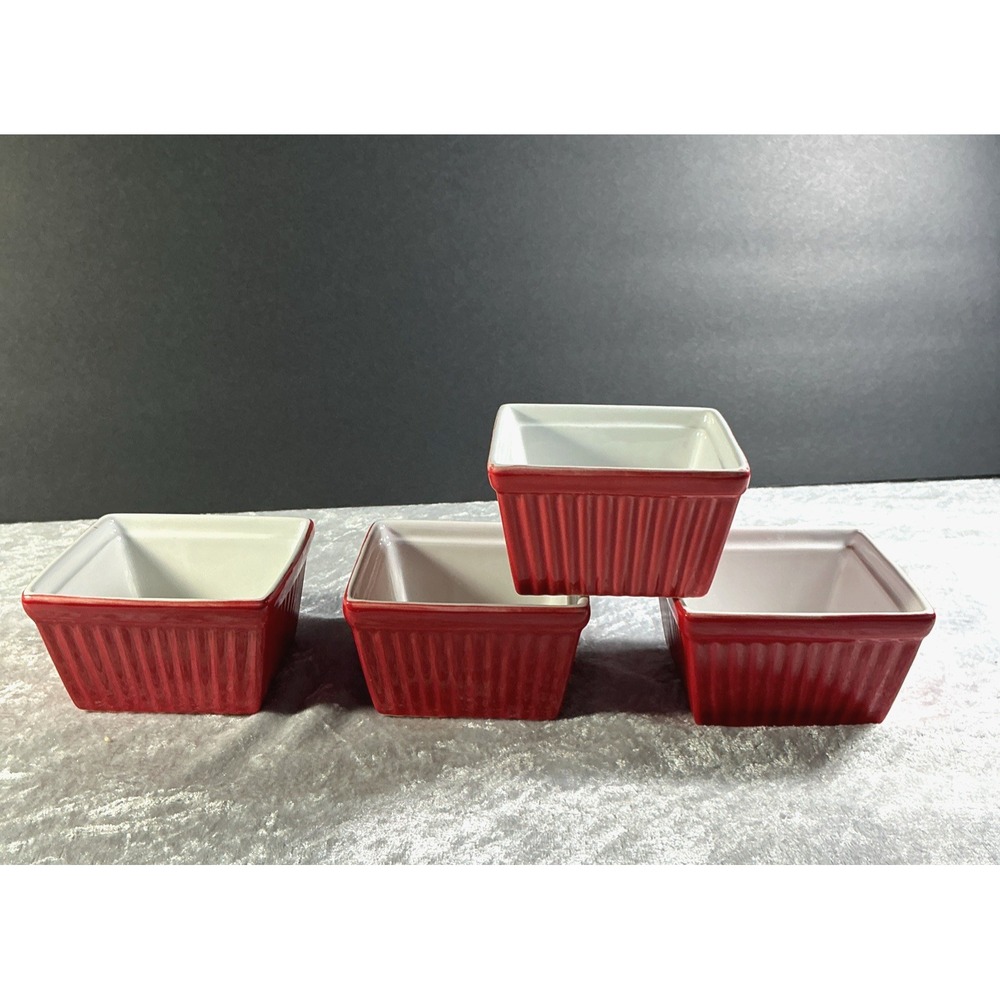 4 piece Crate And Barrel BIA Cordon Bleu Stoneware Ramekin Square  Red 3.75"